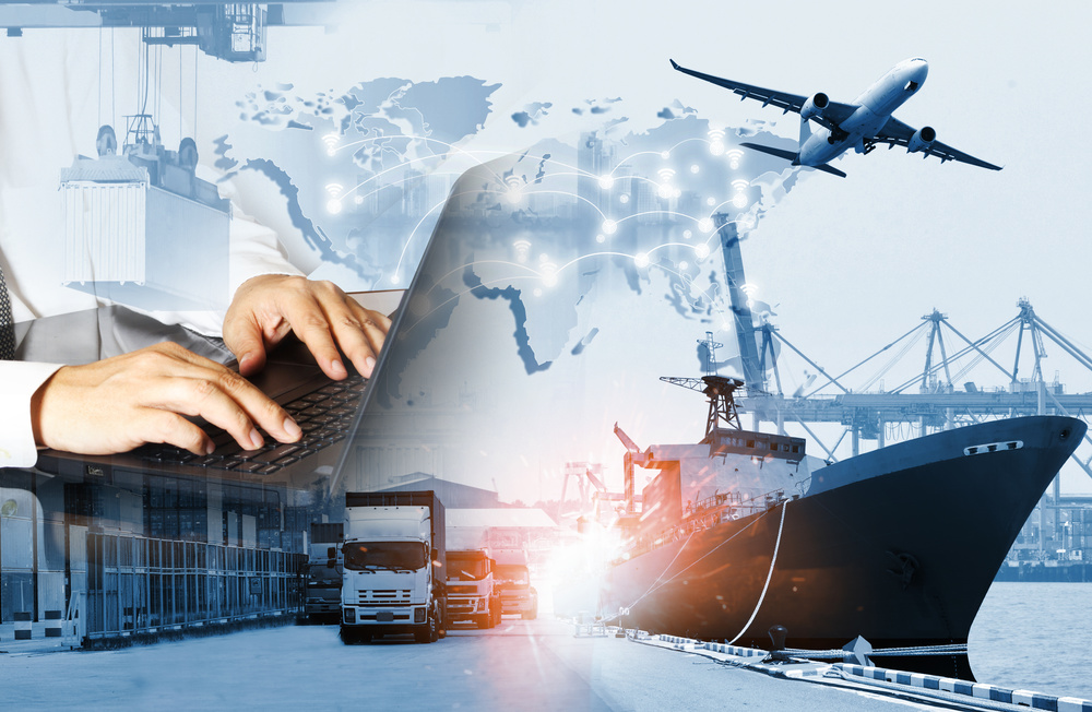  世界の物流の背景または輸送業界または海運業、コンテナー貨物の出荷、トラックの配達、飛行機、インポート、エクスポートの概念